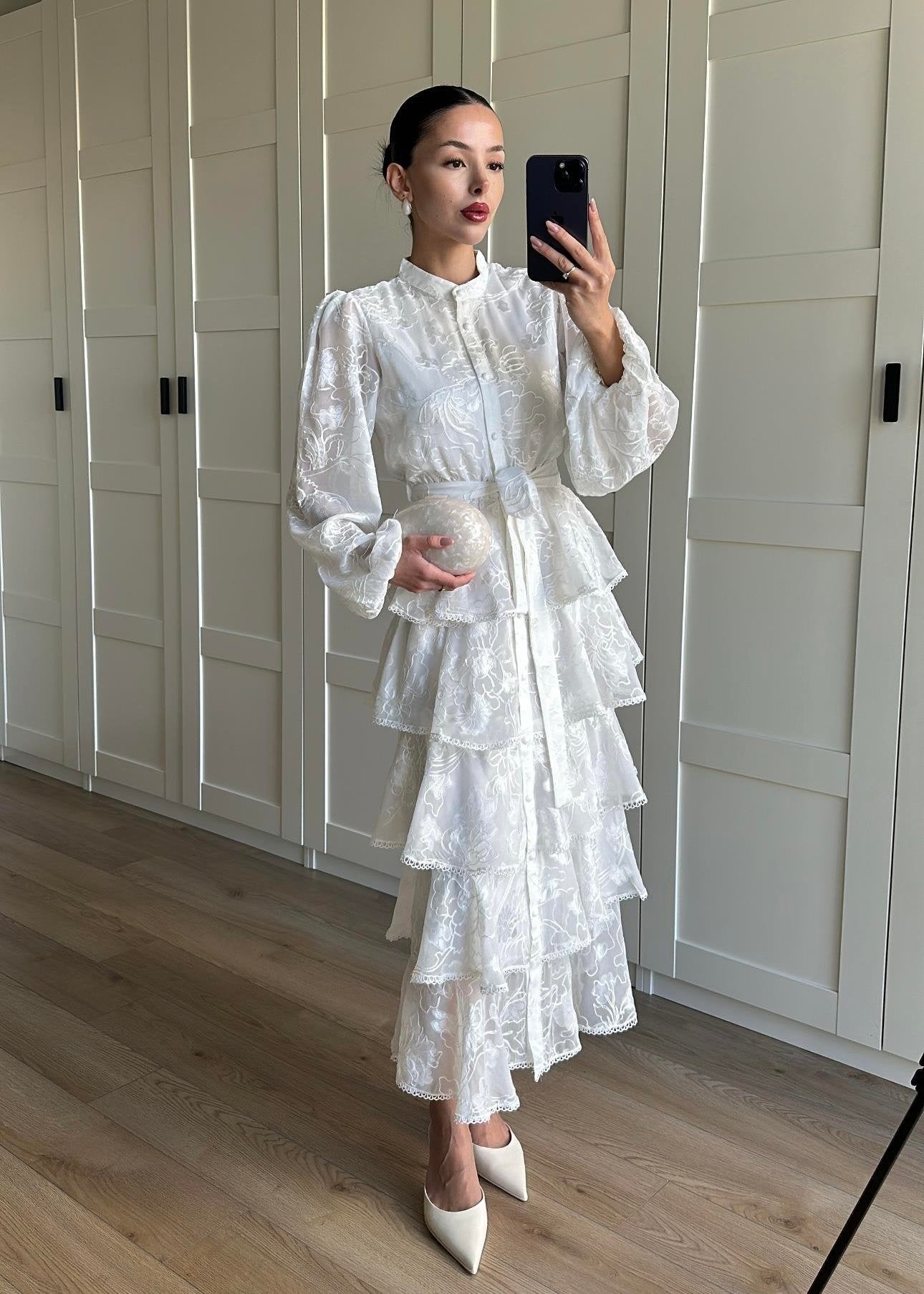 Çiçek Desenli Fırfırlı Elbise BEYAZ