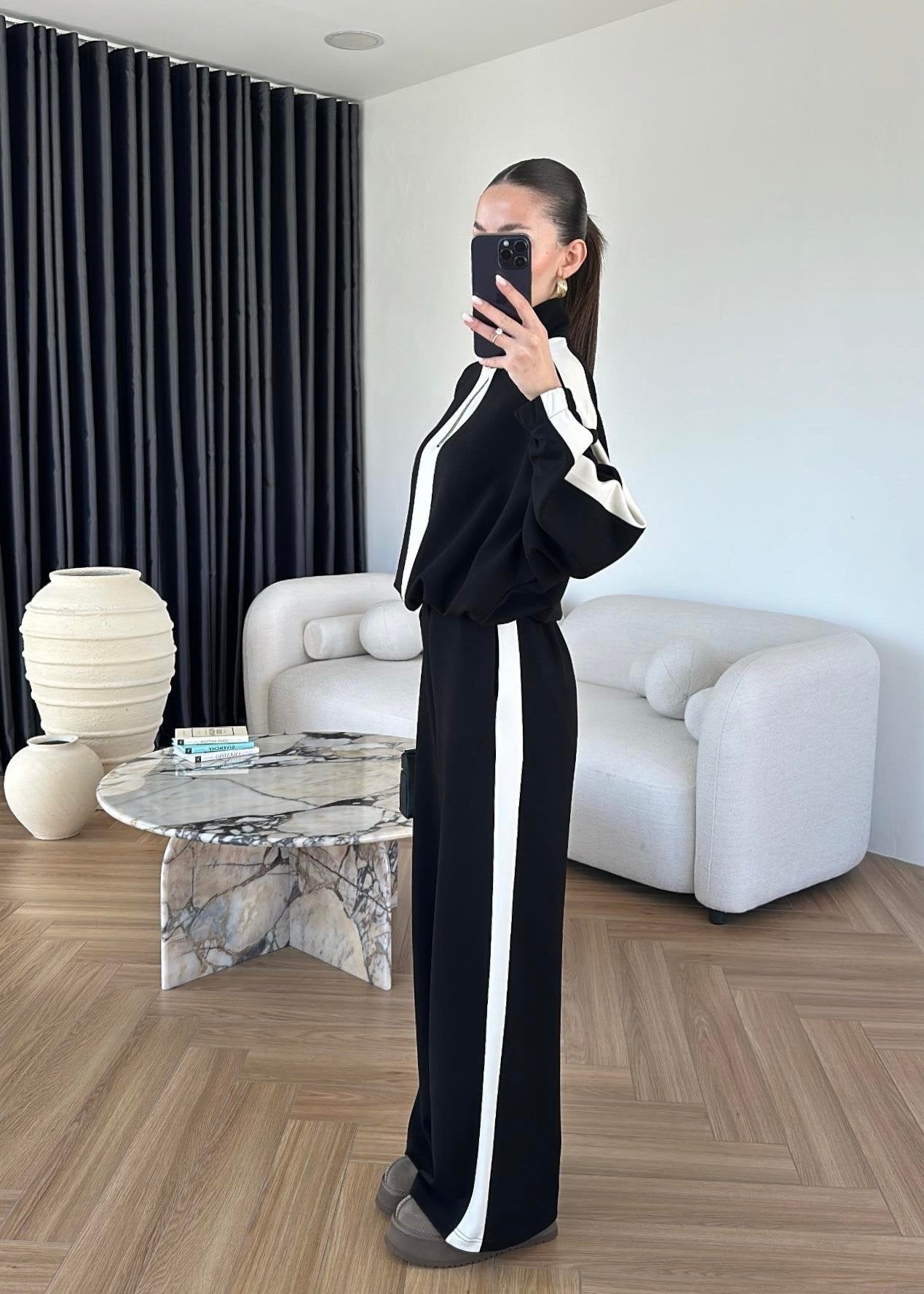 Şeritli Modal Takım SİYAH