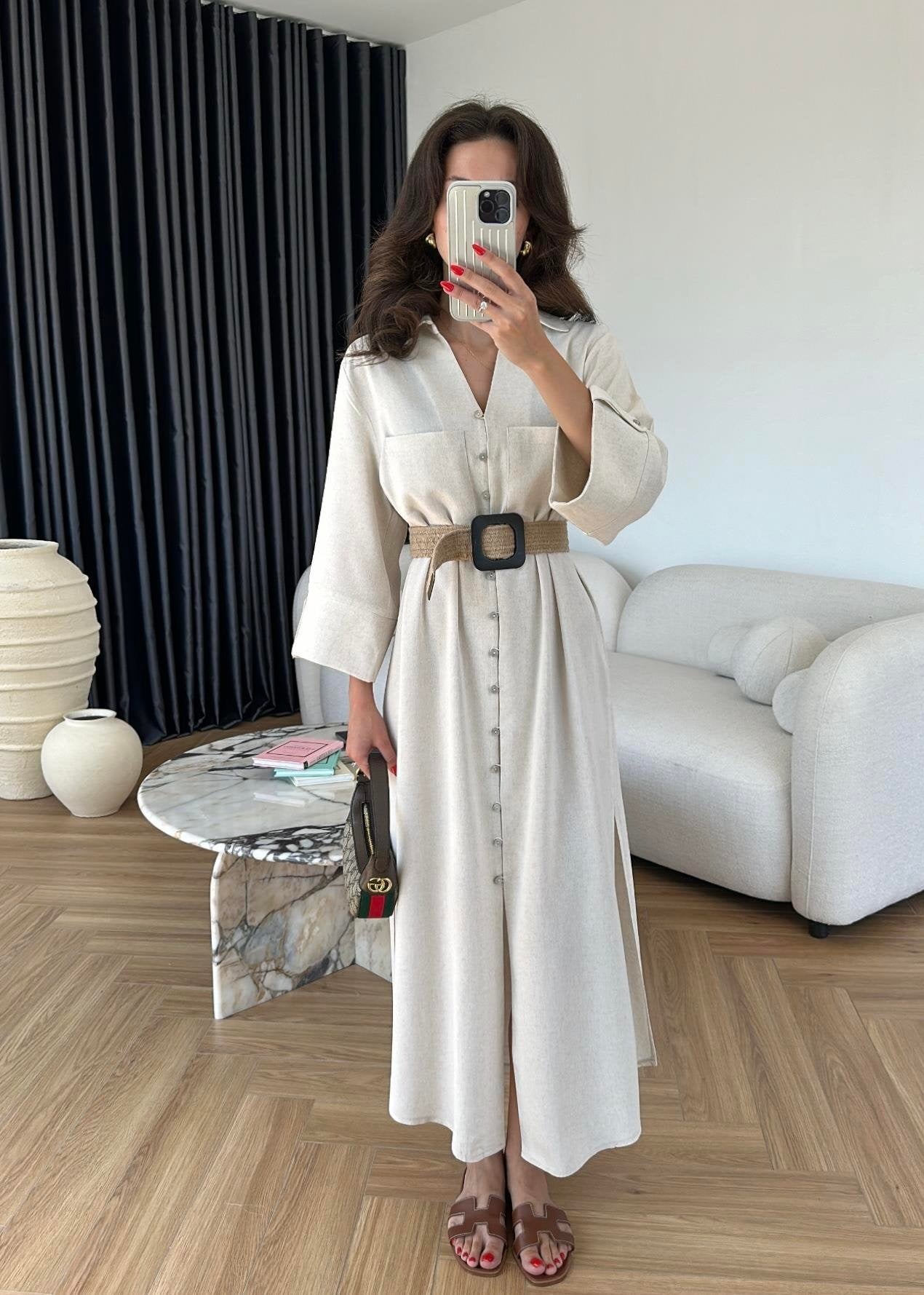 Hasır Kemerli Keten Gömlek Elbise NATUR