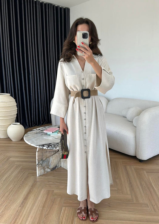 Hasır Kemerli Keten Gömlek Elbise NATUR