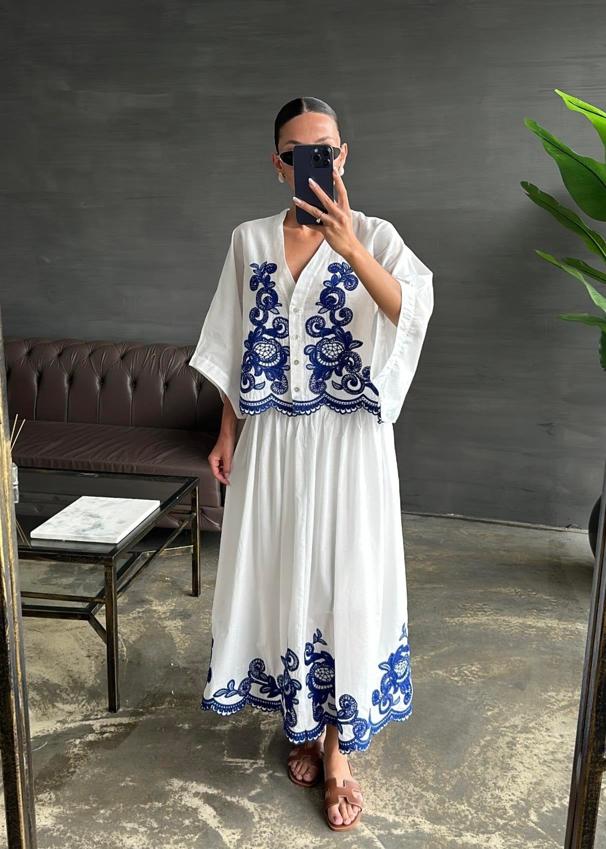 Fakir Kol Nakışlı Etekli Takım BEYAZ