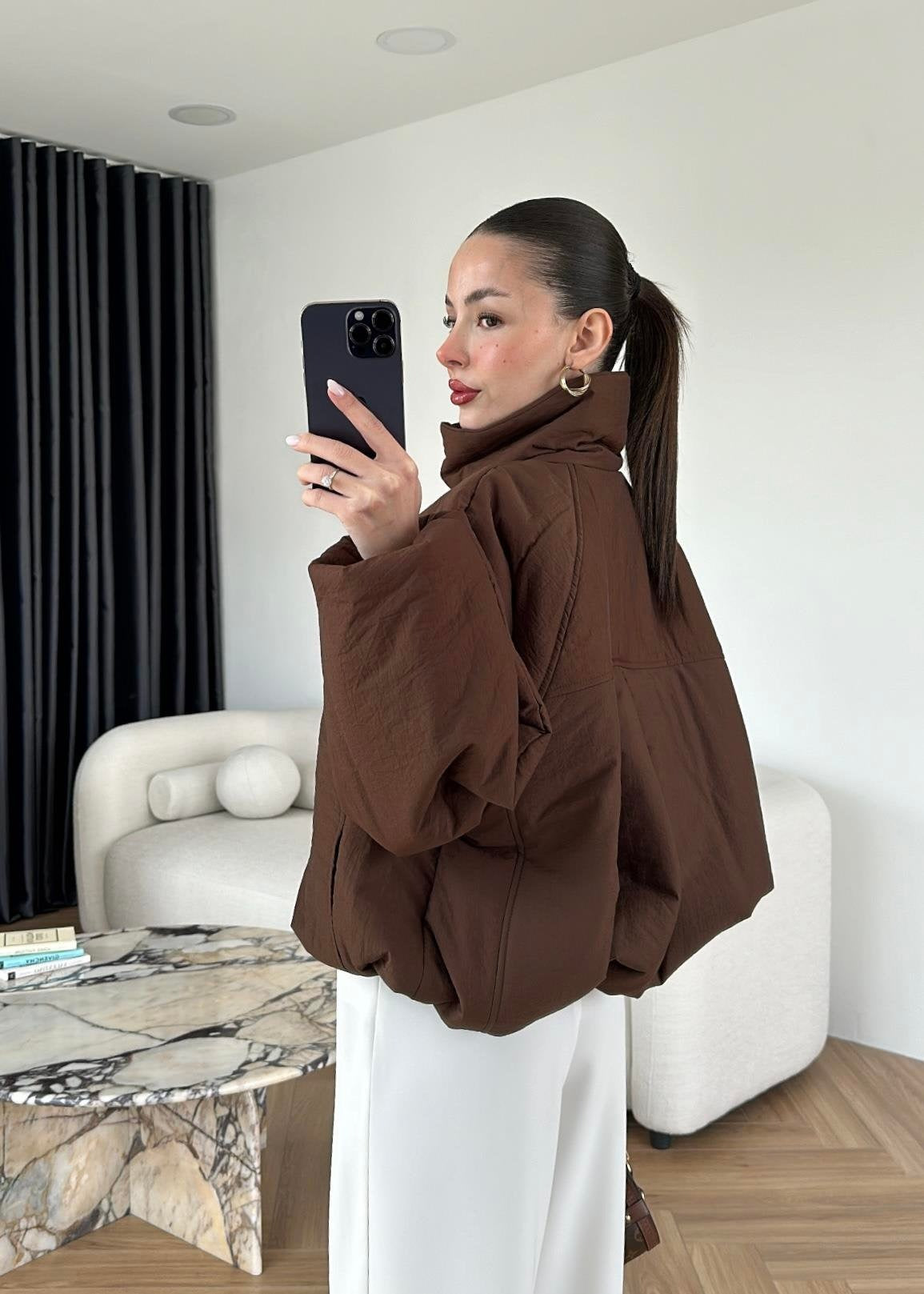 Dik Yakalı Arkası Uzun Mont KAHVE