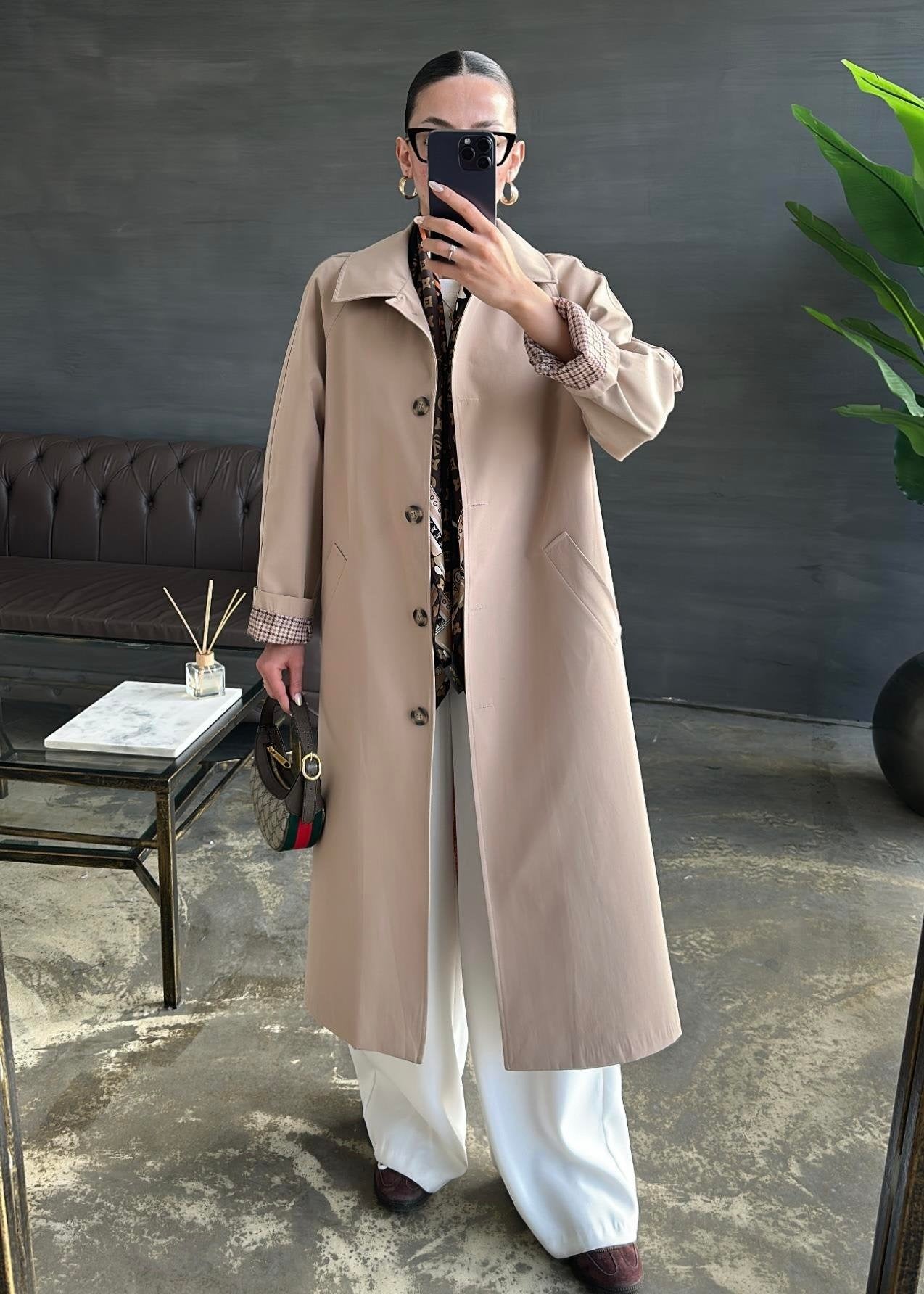 Astarı Kazayağı Desen Trençkot BEJ