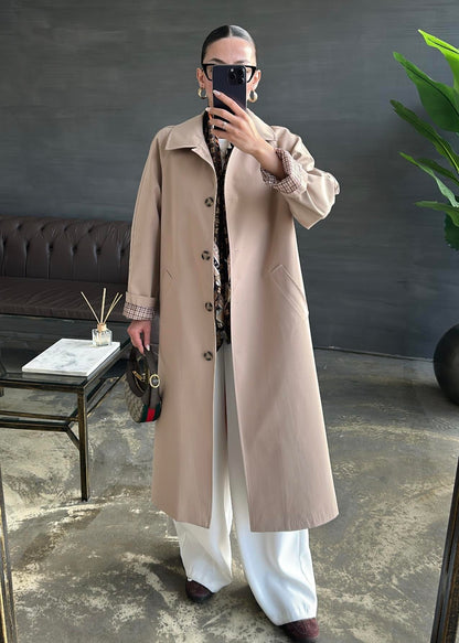 Astarı Kazayağı Desen Trençkot BEJ