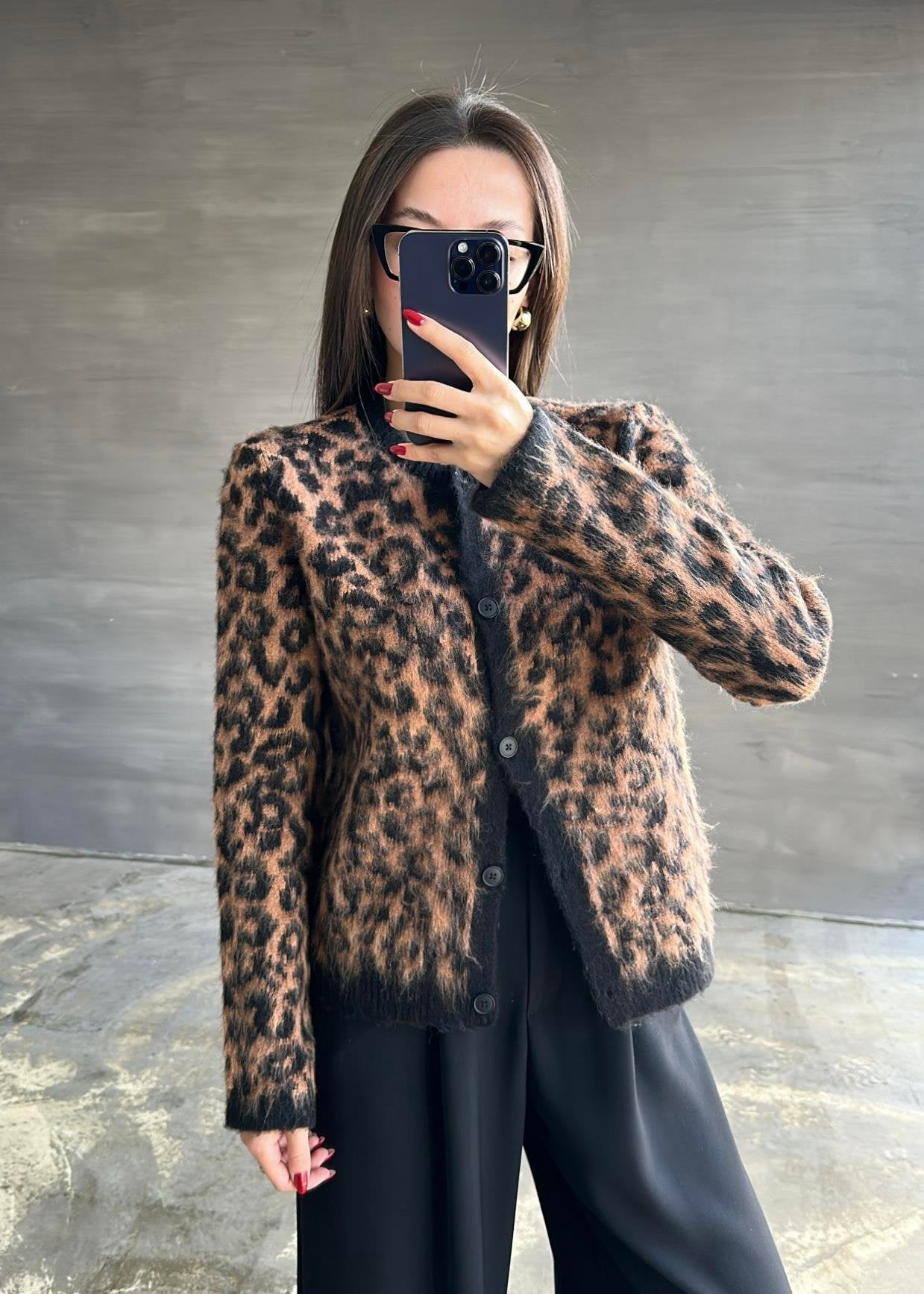 Yün Efekt Leopar Hırka SİYAH