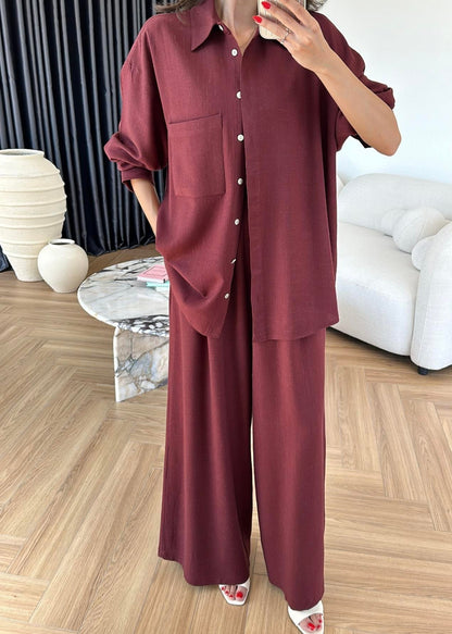 Sedef Düğmeli Uzun Keten Takım Bordo