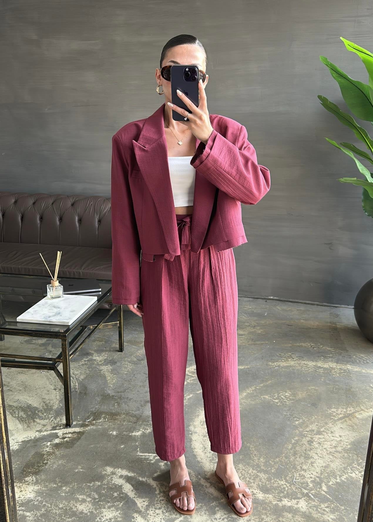 Bağlama Detaylı Crop Ceketli Takım BORDO