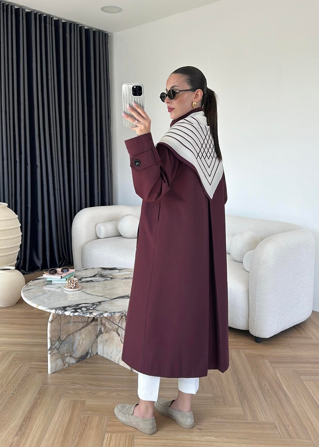 Fularlı Uzun Trençkot BORDO