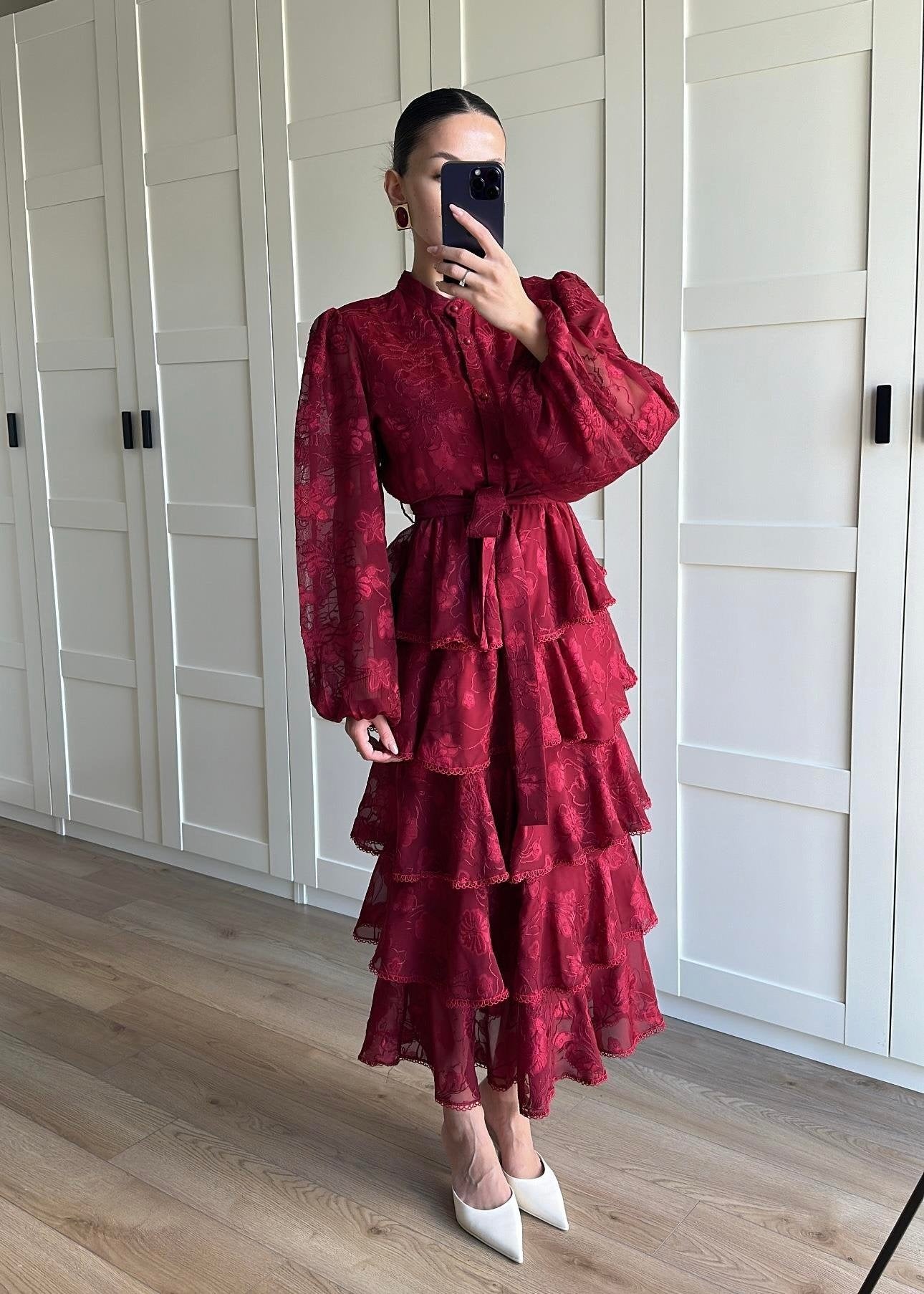 Çiçek Desenli Fırfırlı Elbise BORDO