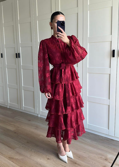 Çiçek Desenli Fırfırlı Elbise BORDO