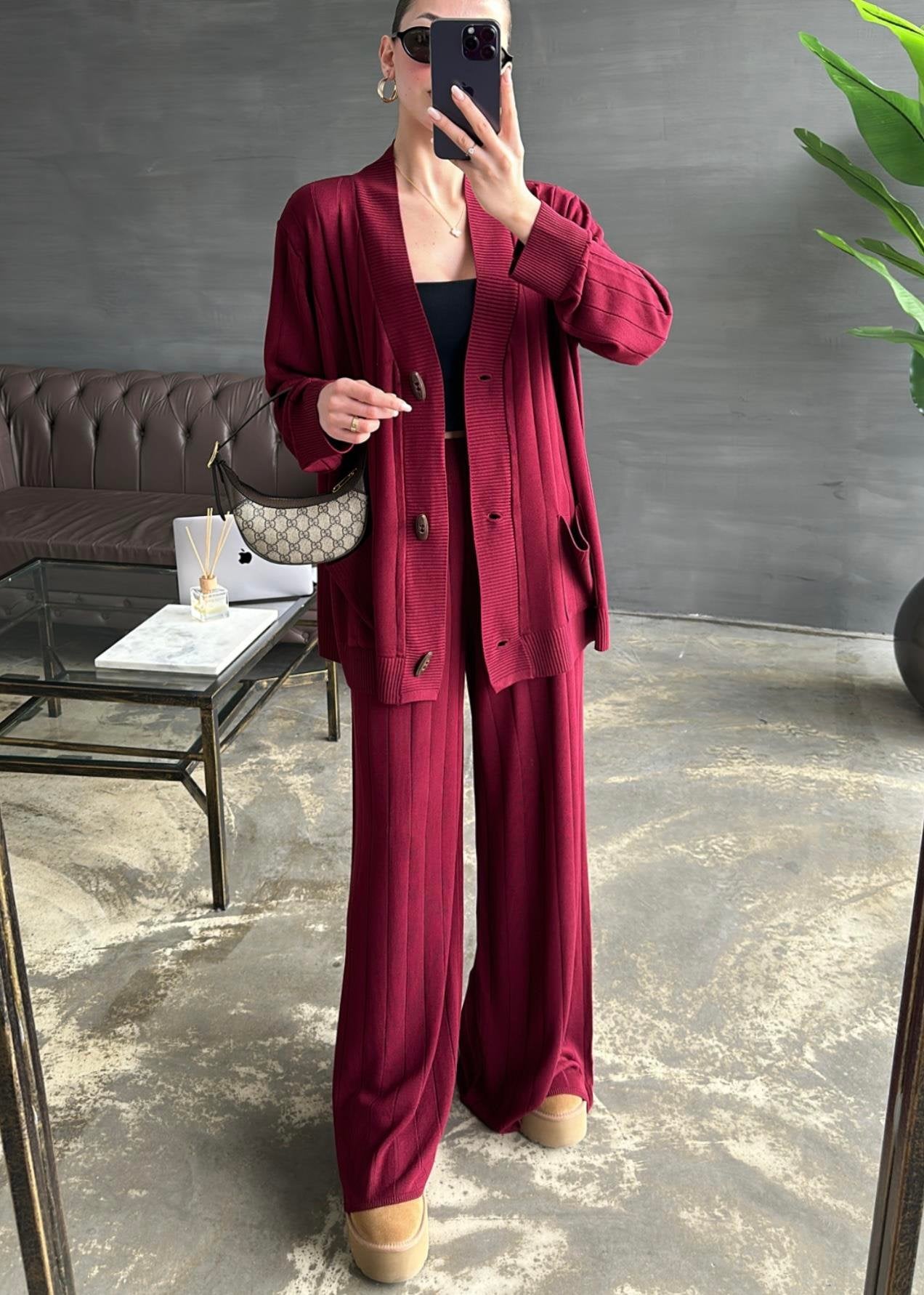 Ahşap Düğmeli Hırkalı Takım BORDO