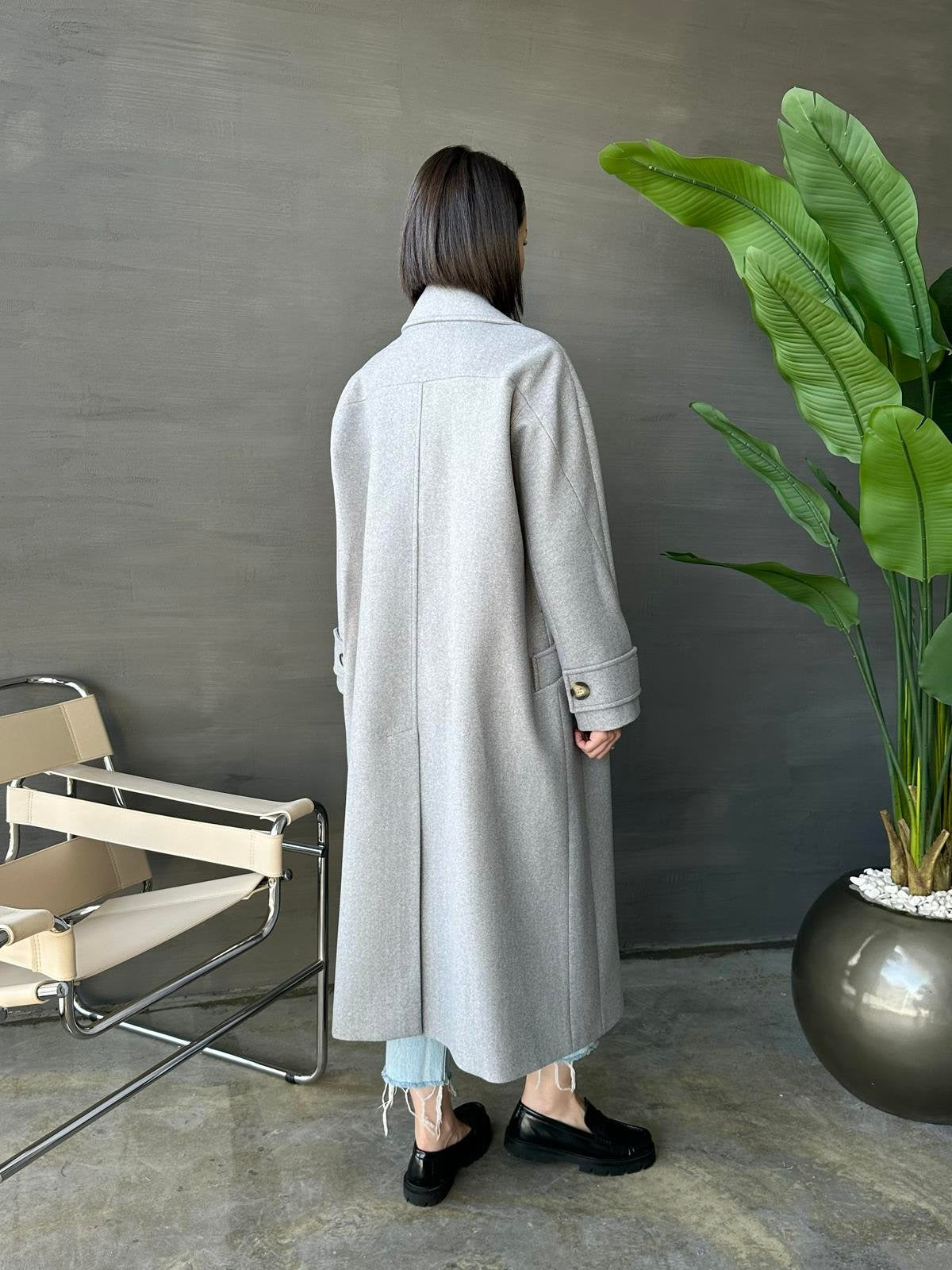 Kelebek Yakalı Uzun Kaban AÇIK GRİ