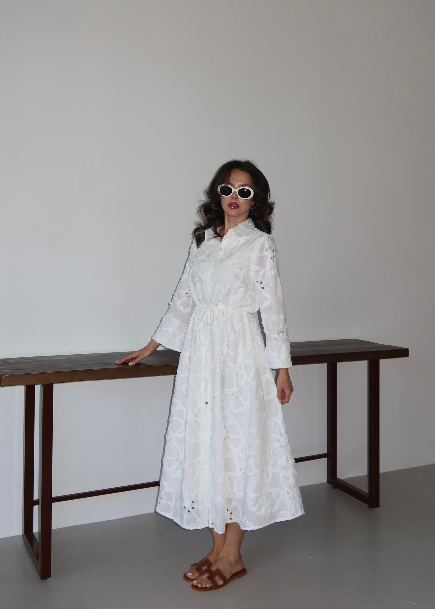 Beli Bağcıklı Brode Elbise BEYAZ