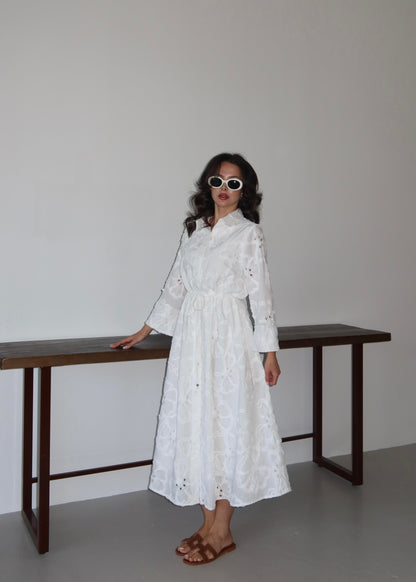 Beli Bağcıklı Brode Elbise BEYAZ