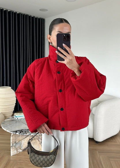 Dik Yakalı Arkası Uzun Mont KIRMIZI