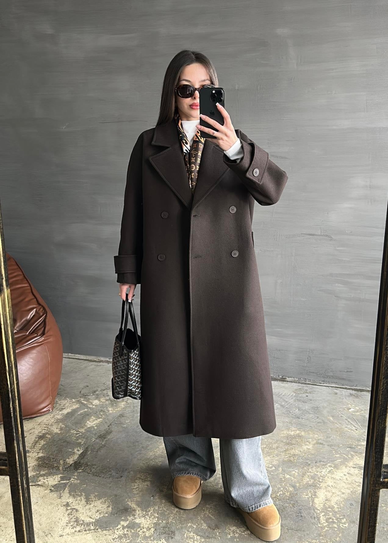 Kelebek Yakalı Kaşe Kaban ACI KAHVE