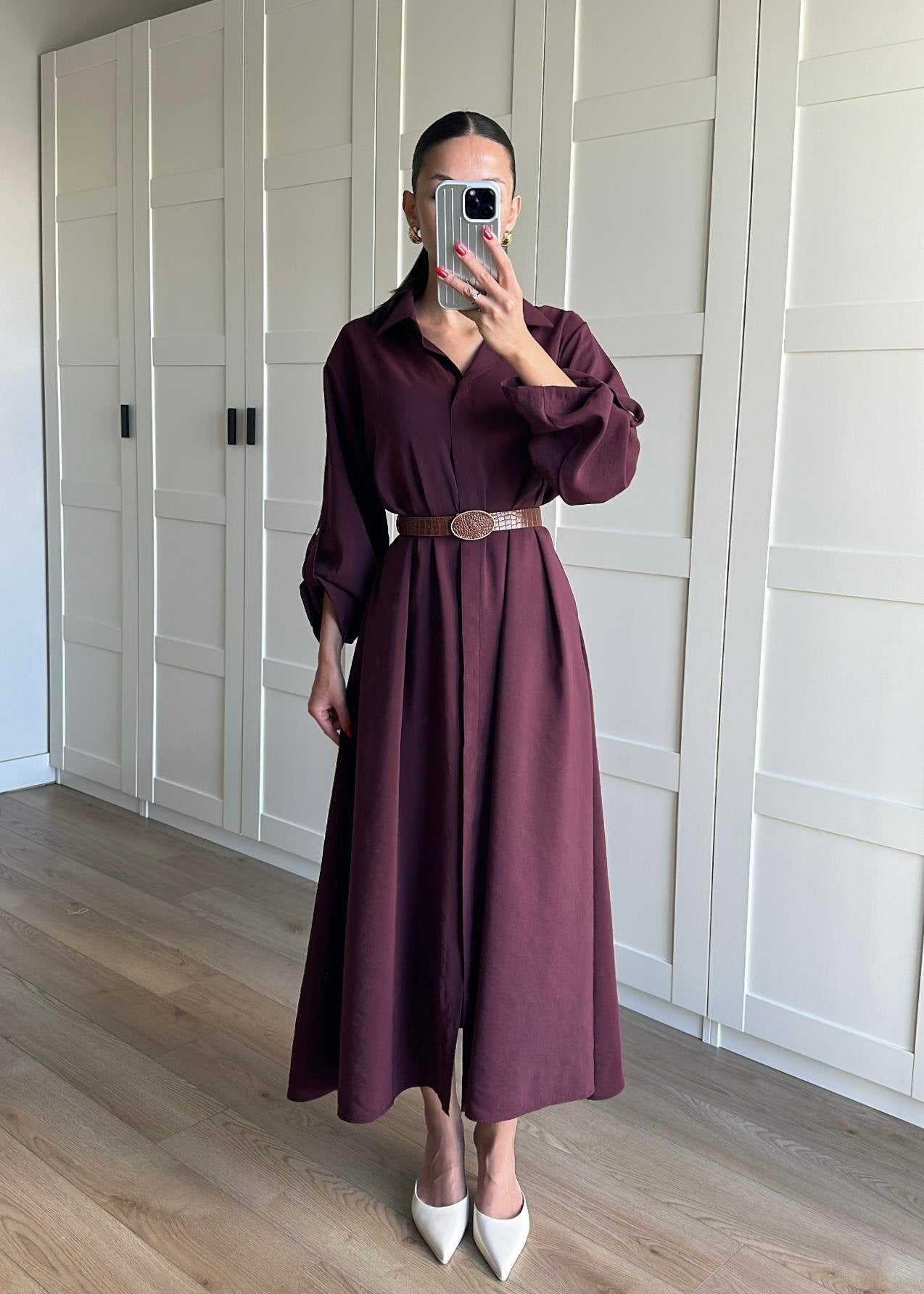 Tensel Kemerli Gömlek Elbise MÜRDÜM