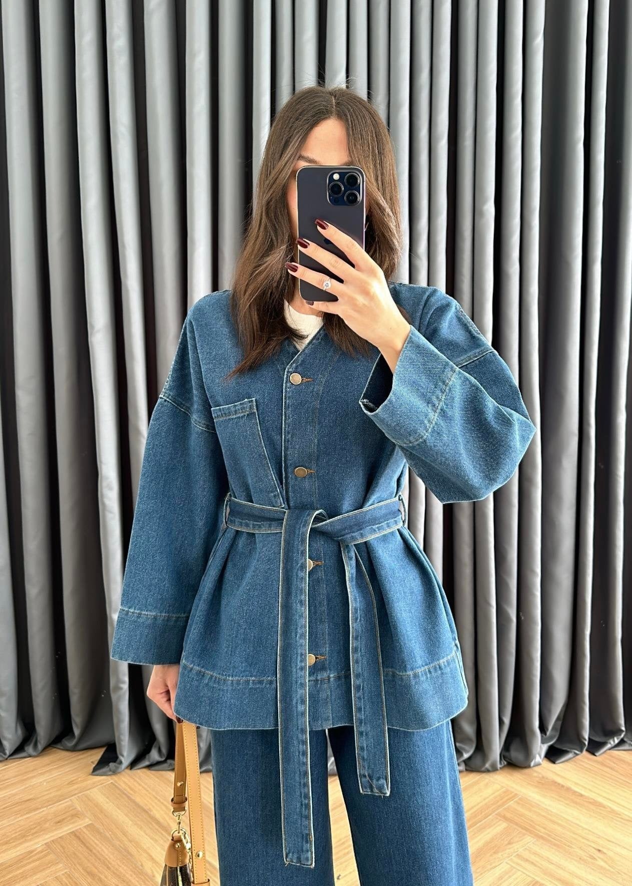 V Yakalı Denim Takım KOYU MAVİ