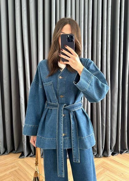 V Yakalı Denim Takım KOYU MAVİ