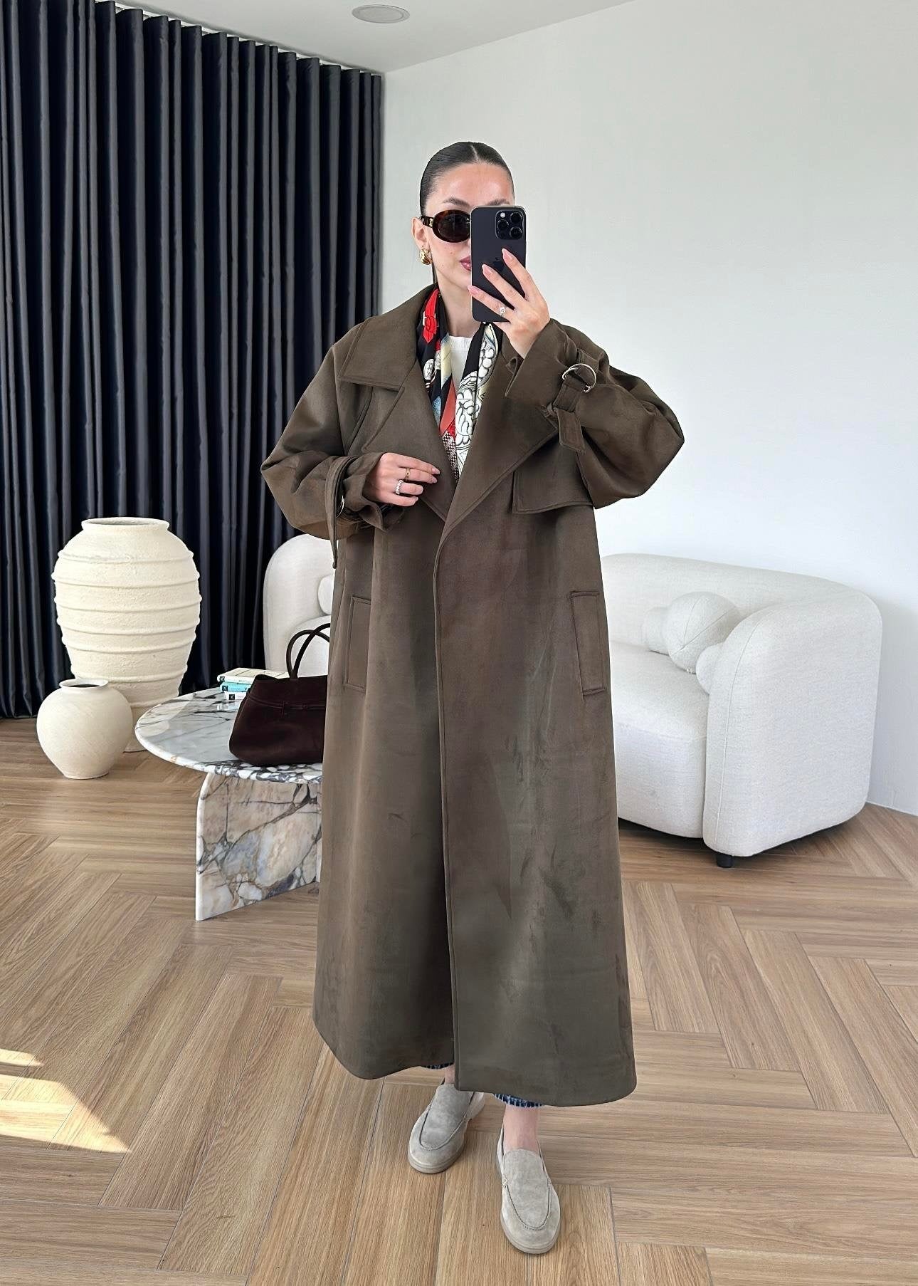 Apoletli Süet Trençkot ACI KAHVE