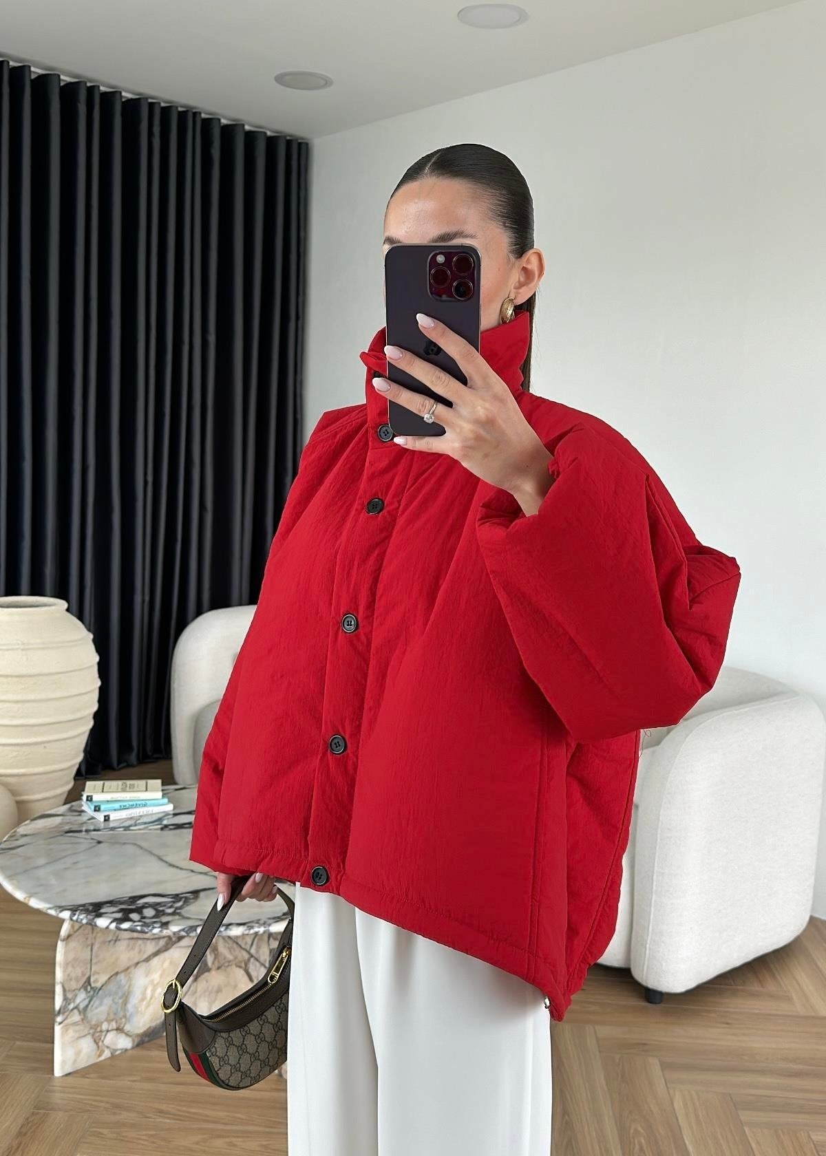 Dik Yakalı Arkası Uzun Mont KIRMIZI