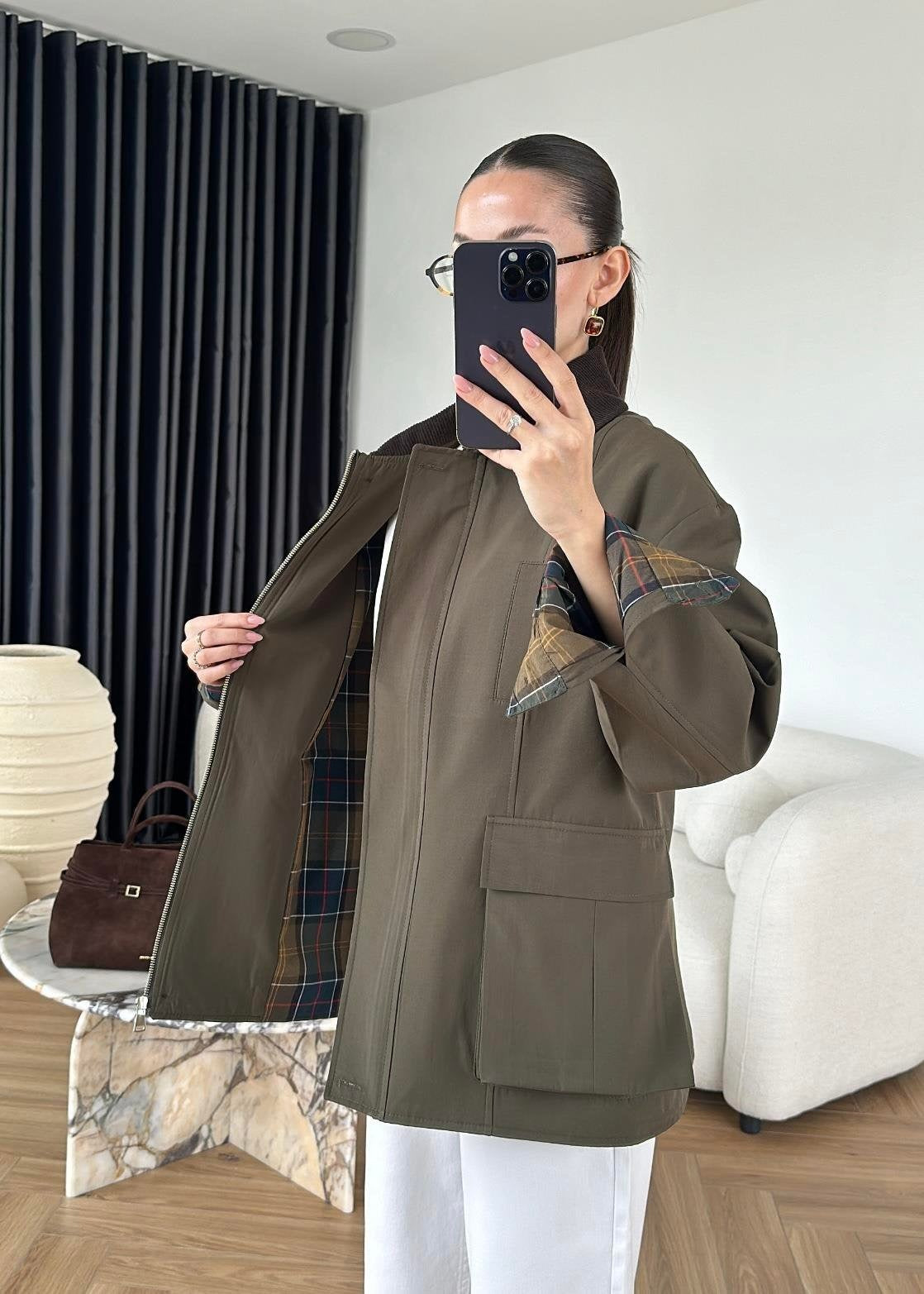 Torba Cepli Ekose Detaylı Ceket