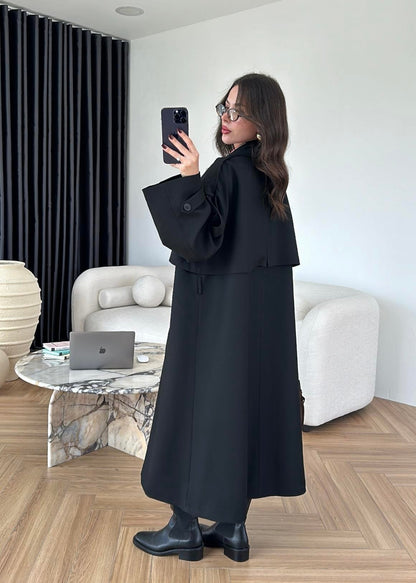 Omuzu Uzun Apoletli Trençkot SİYAH