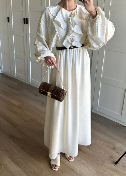 Önü Fırfırlı Naturel Elbise KREM