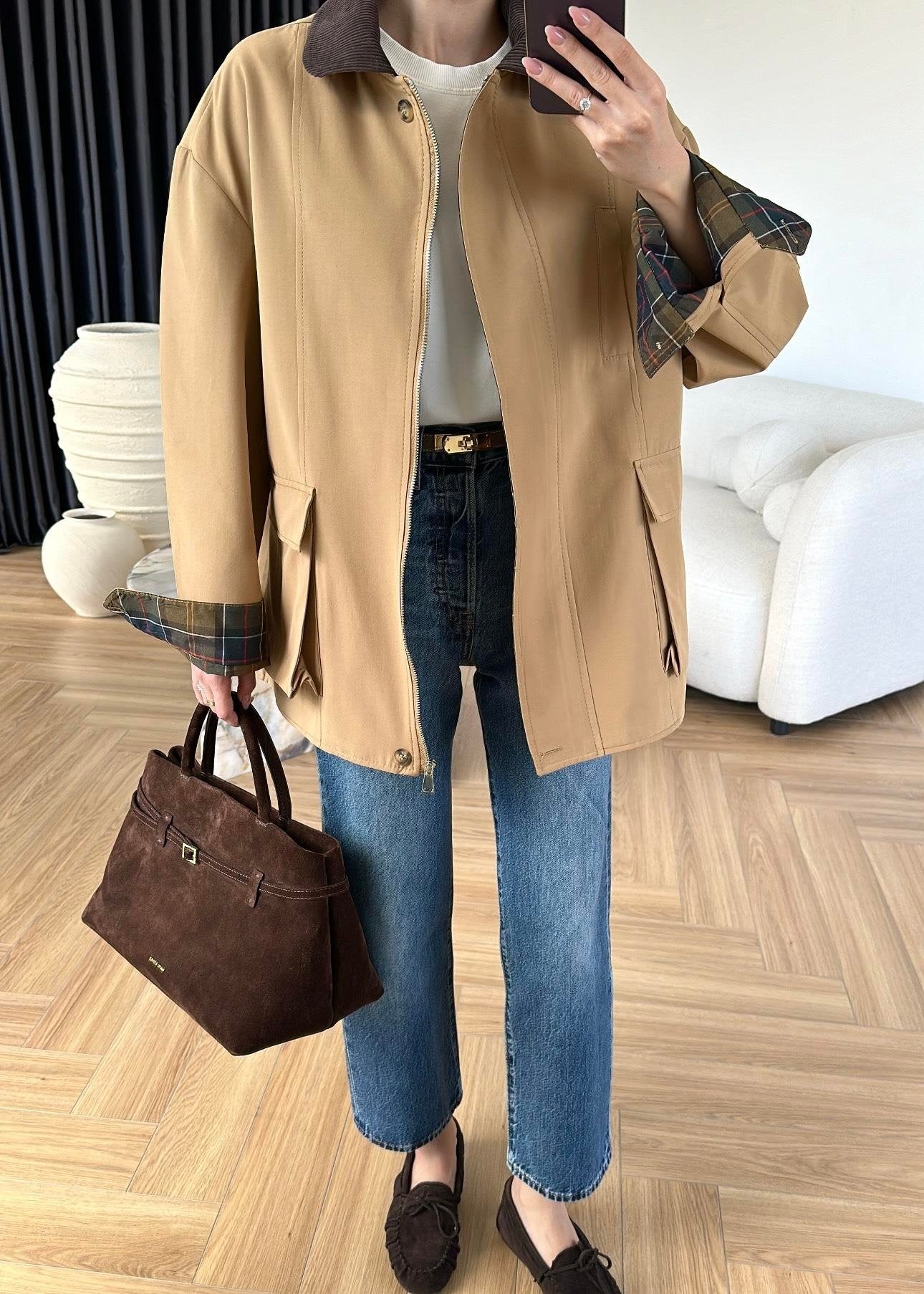 Torba Cepli Ekose Detaylı Ceket