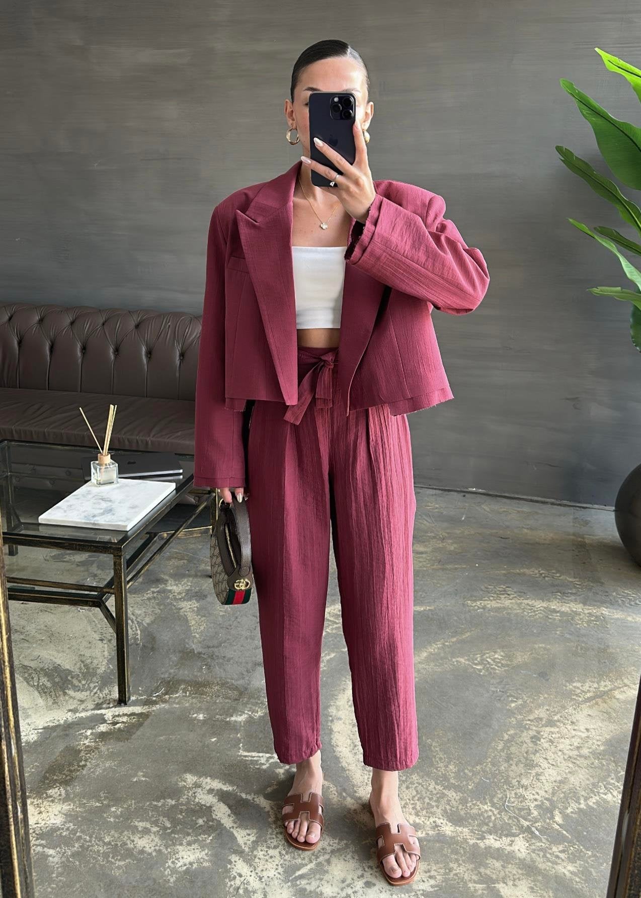 Bağlama Detaylı Crop Ceketli Takım BORDO