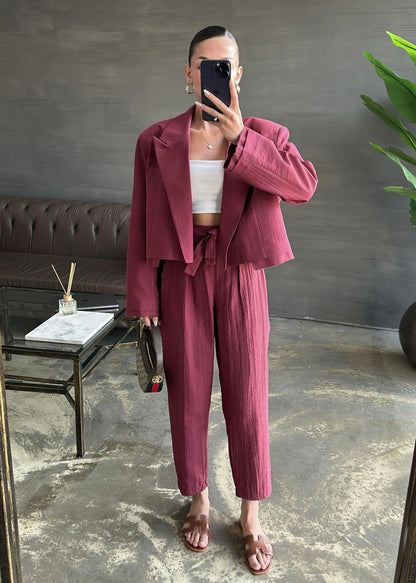 Bağlama Detaylı Crop Ceketli Takım BORDO