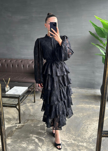 Çiçek Desenli Fırfırlı Elbise SİYAH