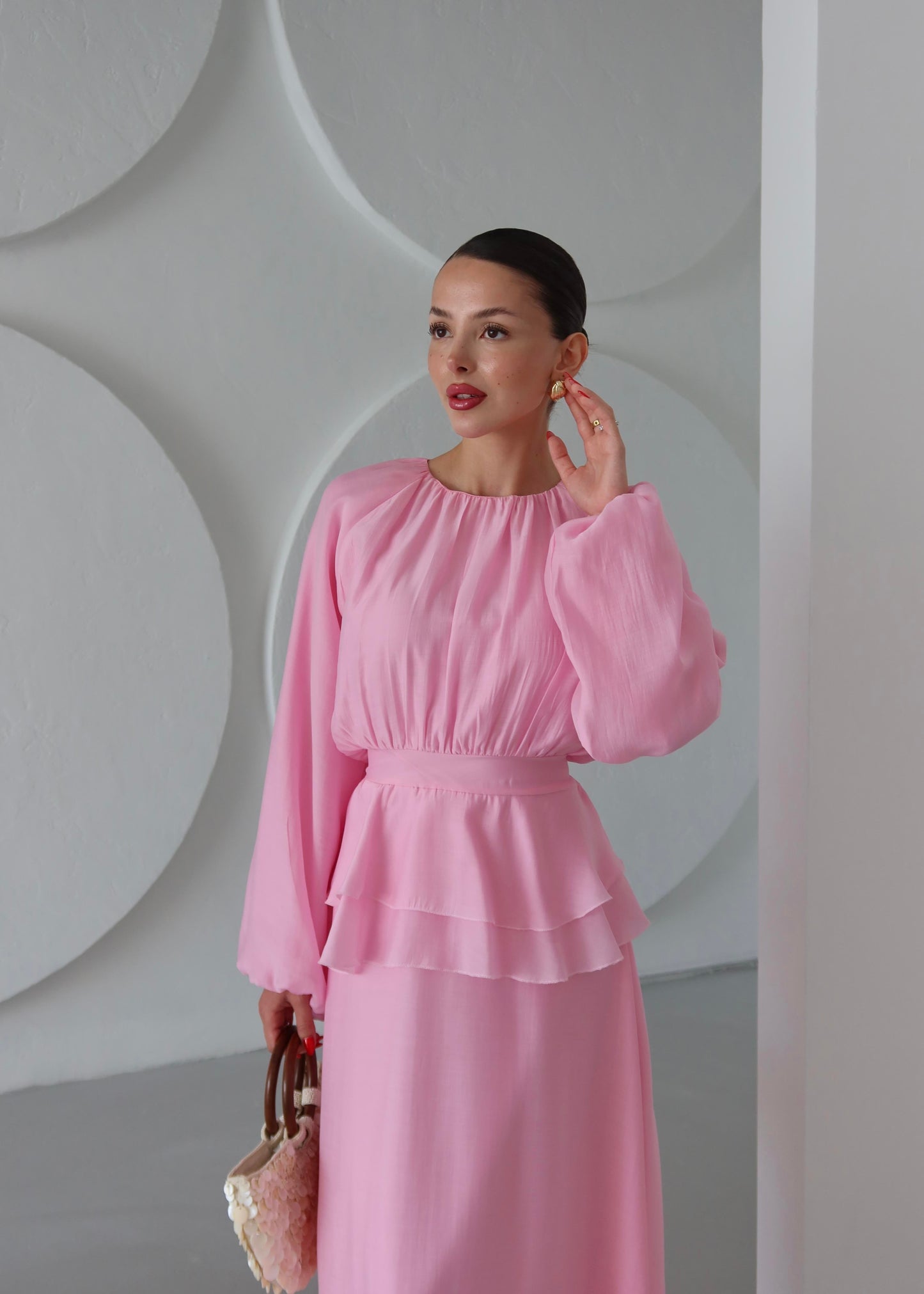 Beli Volanlı Elbise PEMBE