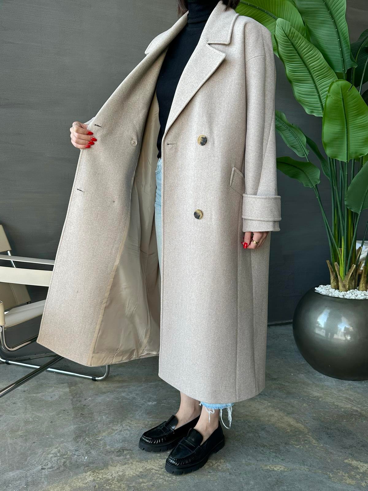 Kelebek Yakalı Kaşe Kaban VİZON