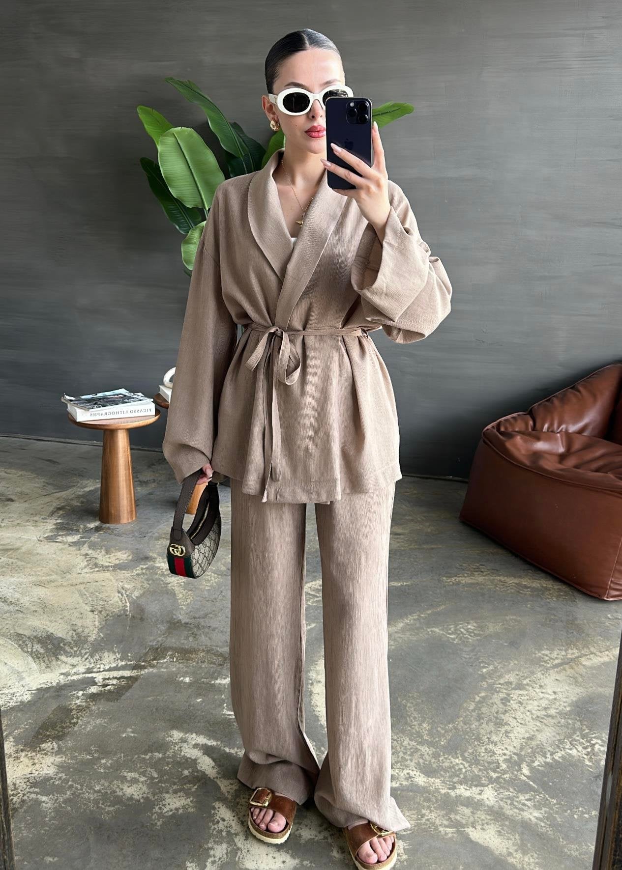 Şal Yaka Krinkıl Kimono Takım VİZON