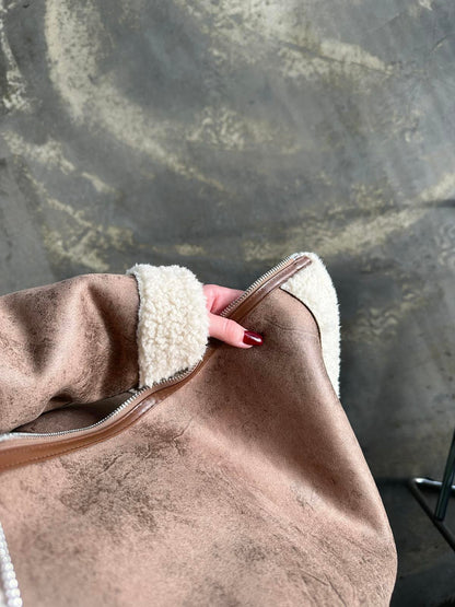 Deri Biyeli Kürk Ceket CAMEL