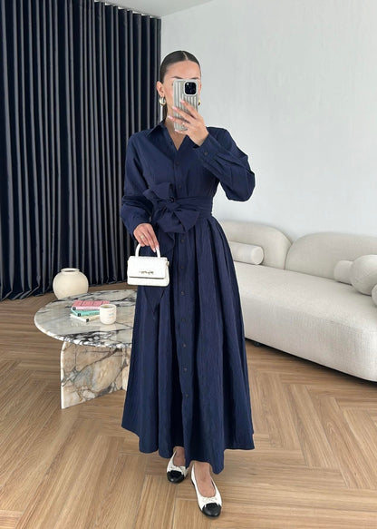 Kraşlı Beli Bağlamalı Elbise LACİVERT
