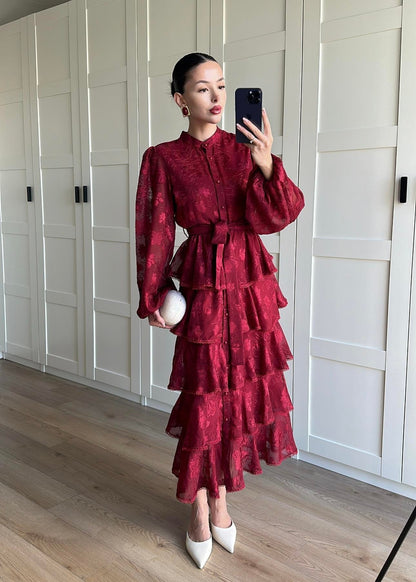 Çiçek Desenli Fırfırlı Elbise BORDO