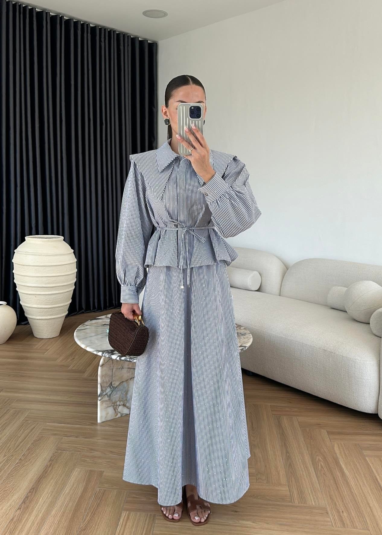 Taşlı Poplin Etekli Takım Mavi