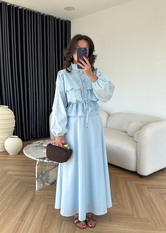 Güpürlü Çan Etekli Takım Bebe Mavisi