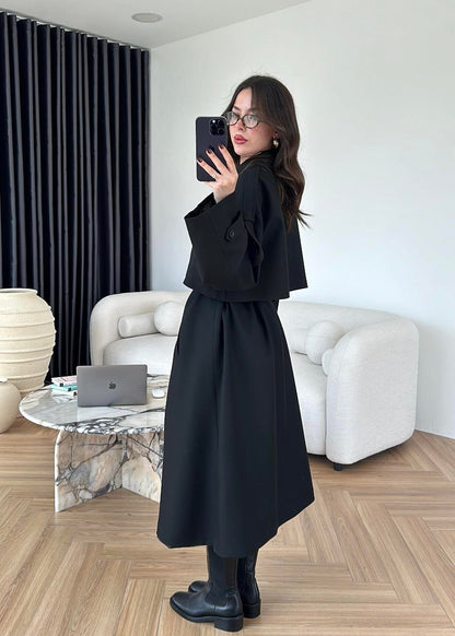 Omuzu Uzun Apoletli Trençkot SİYAH