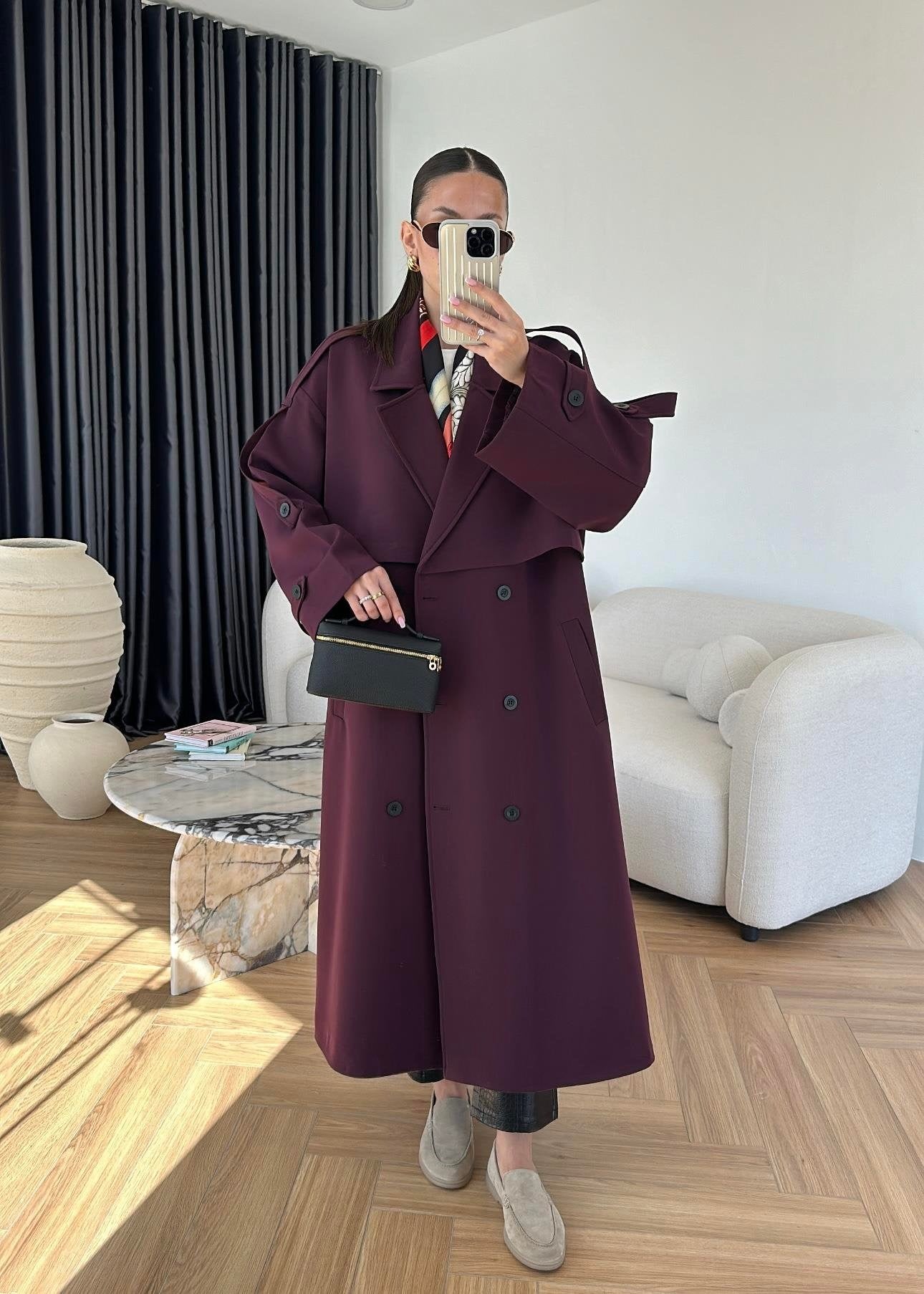 Omuzu Uzun Apoletli Trençkot MÜRDÜM