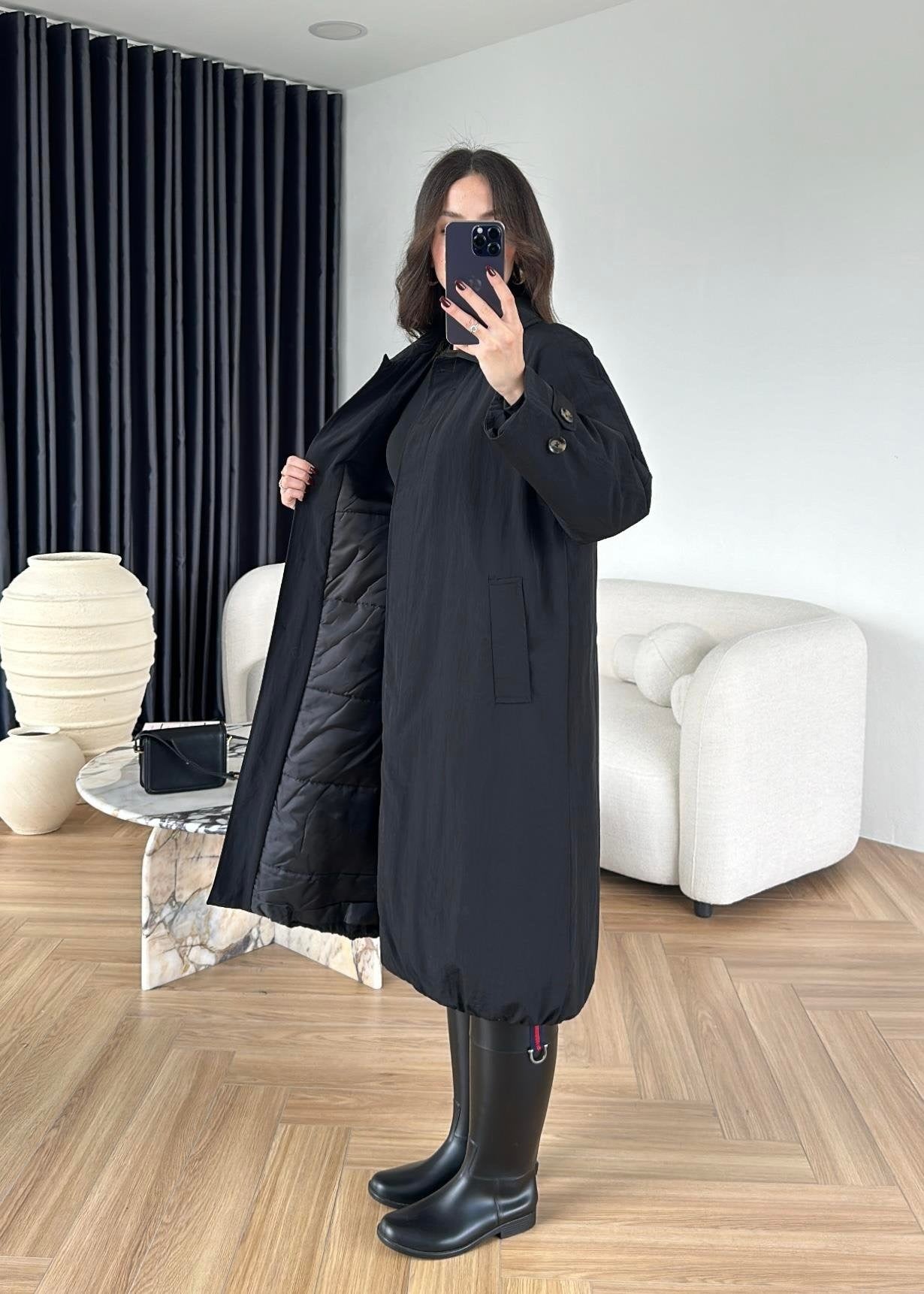 İçi Dolgulu İnce Mont SİYAH