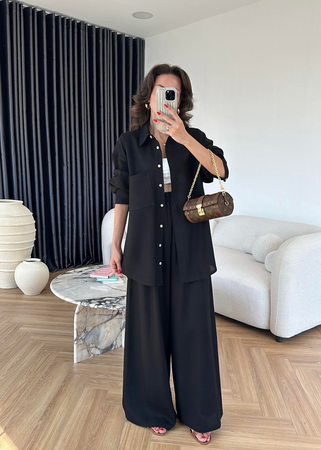 Sedef Düğmeli Uzun Keten Takım SİYAH