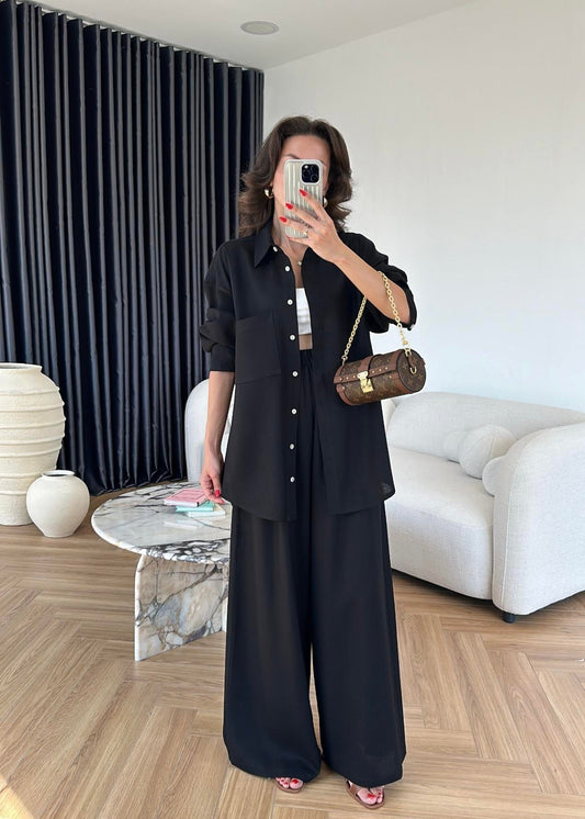 Sedef Düğmeli Uzun Keten Takım SİYAH