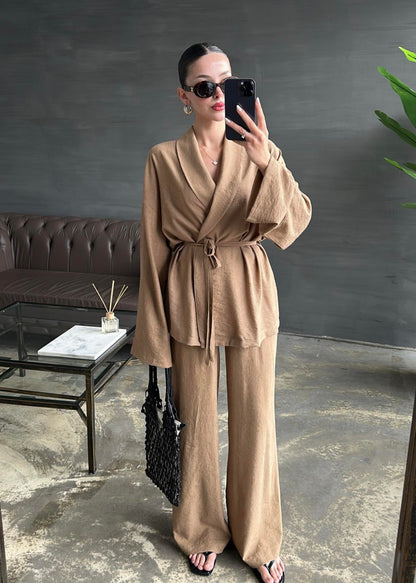 Şal Yaka Krinkıl Kimono Takım SÜTLÜ KAHVE