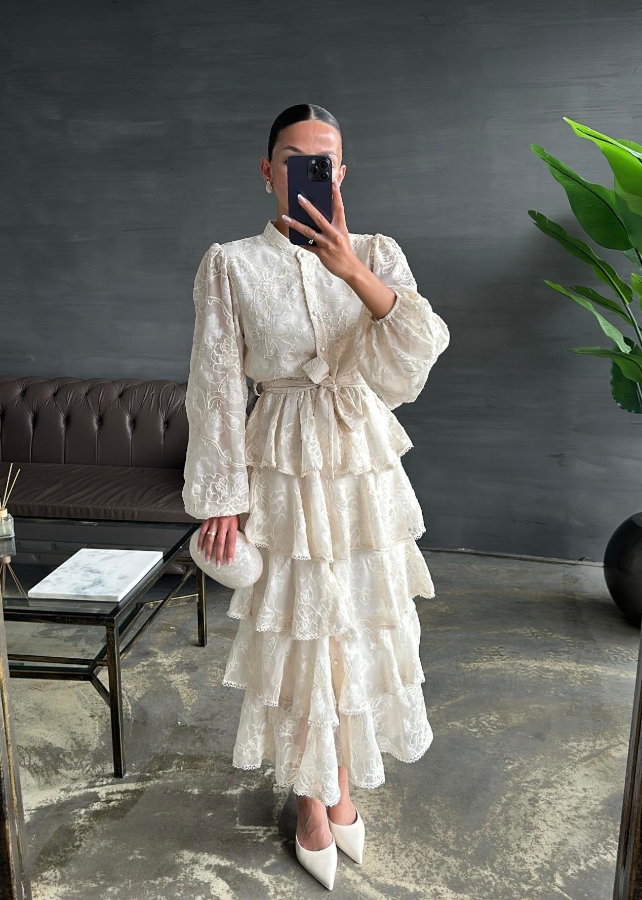 Çiçek Desenli Fırfırlı Elbise BEJ