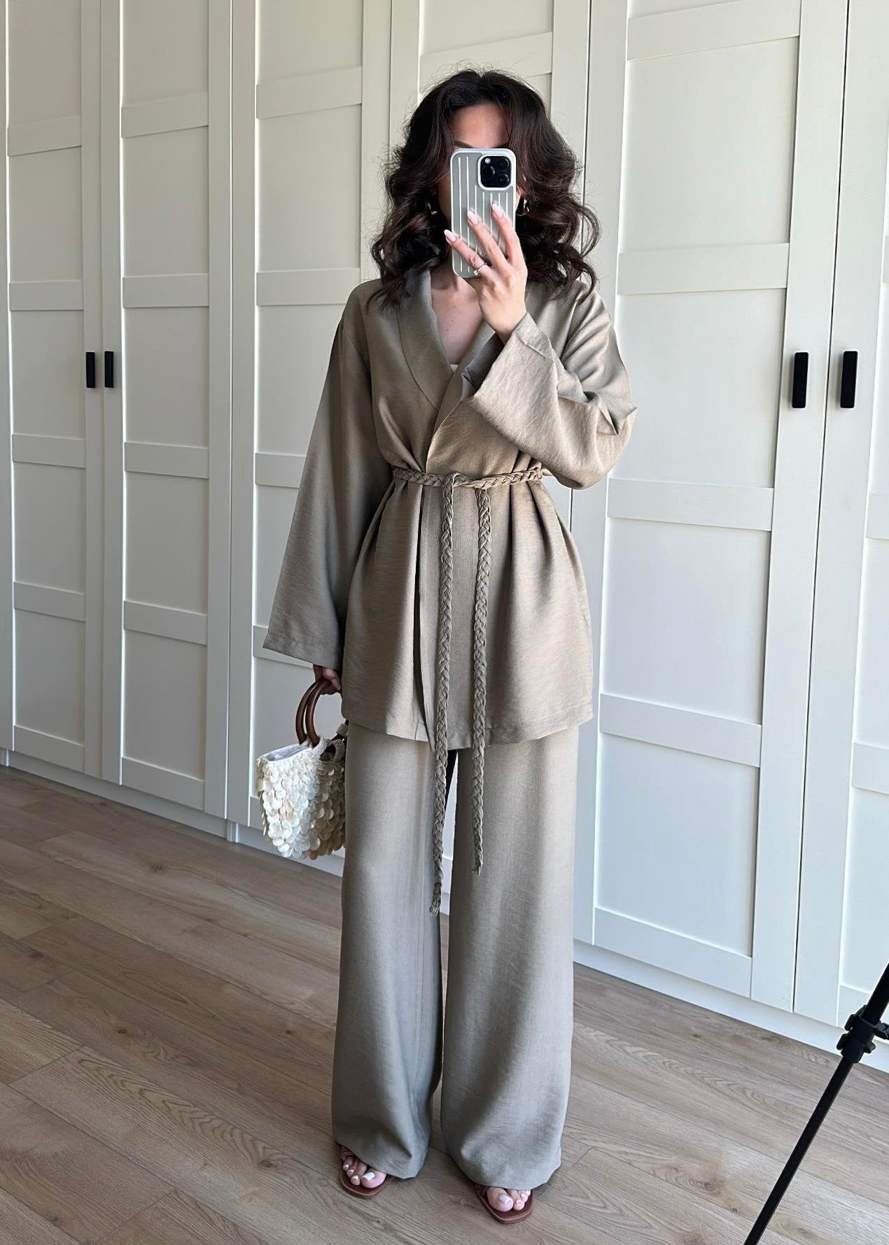 Örgü Kemerli Kimonolu Takım HAKİ