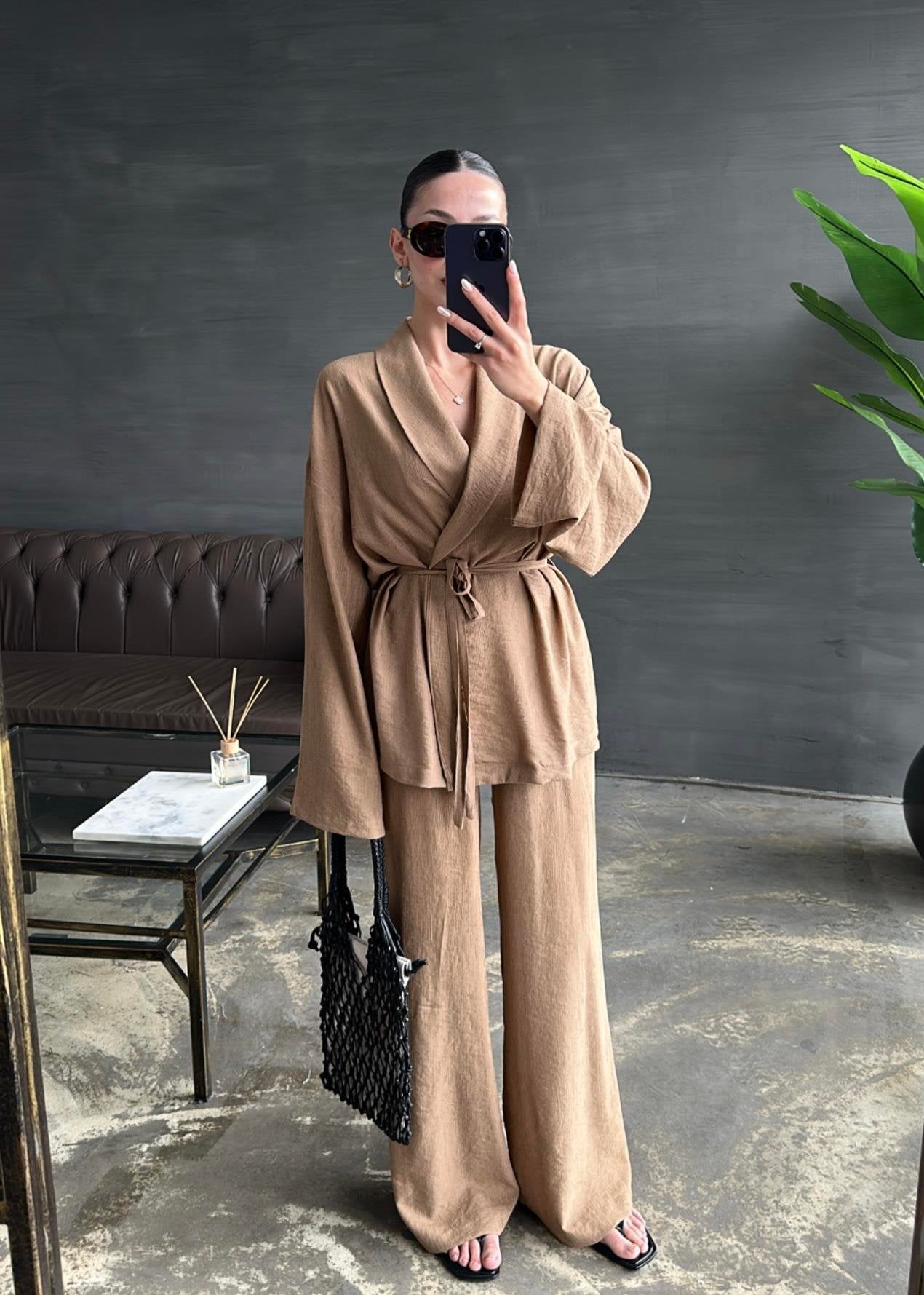 Şal Yaka Krinkıl Kimono Takım SÜTLÜ KAHVE