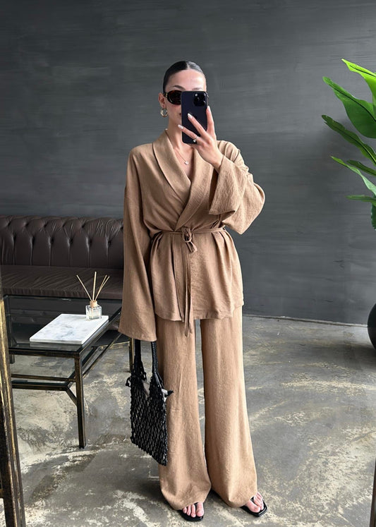Şal Yaka Krinkıl Kimono Takım SÜTLÜ KAHVE